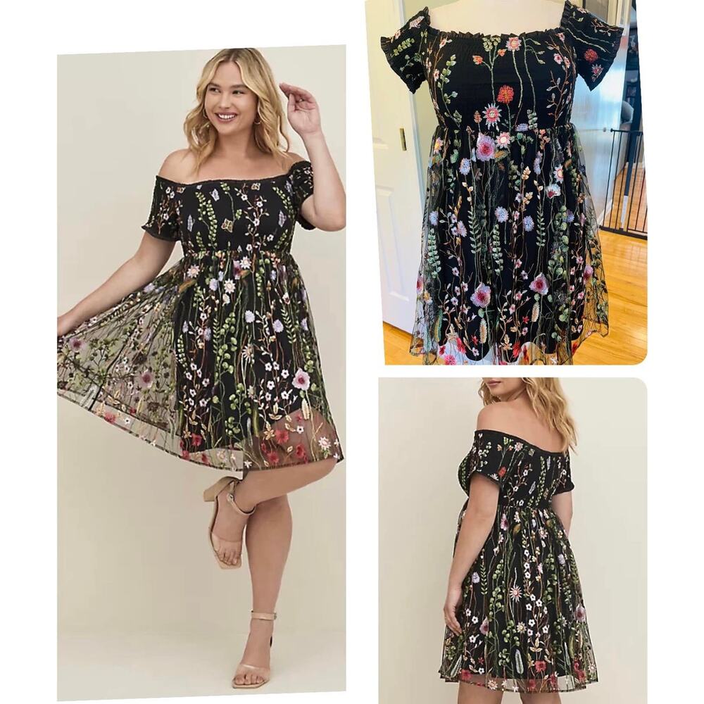 Torrid 0 (0X size 12)‎ Black Smocked Off Shoulder Black Lace Floral Party Dress
